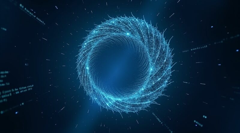 Fractal python code spiral morphs into a terminal window in dark cyan-blue cosmic void.
