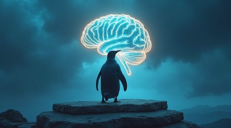 Pingwin Linuxa na podium przed świetlistym mózgiem AI, burzowe niebo.