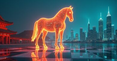 Surrealistyczny koń trojański z równań i sieci neuronowych na szachownicy między Pekinem a Doliną Krzemową.