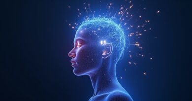 Sylwetka z głową otoczoną magnetycznymi smugami światła układającymi się w litery