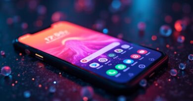 Smartfon z Instagramem i WhatsAppem wtapia się w neonową, futurystyczną grafikę AI.