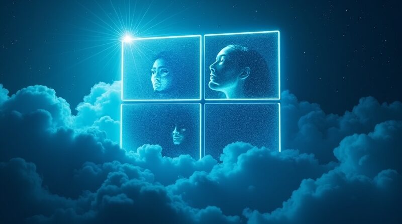 Ciemnoniebieski Windows 11 z chmurą i neonowymi twarzami pikseli skanowanymi przez AI