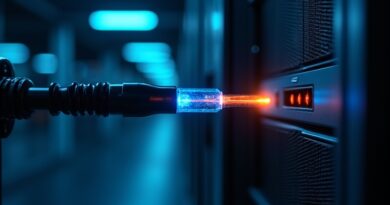Futurystyczna serwerownia, laser przecina niebieski kabel danych, iskra w kolorze pomarańczowym.