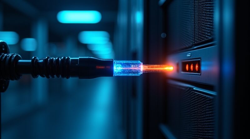 Futurystyczna serwerownia, laser przecina niebieski kabel danych, iskra w kolorze pomarańczowym.