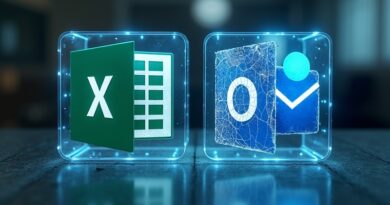 Surrealne biuro, holograficzne ikony Office, pęknięte logo MAI, niebiesko-szary półmrok.