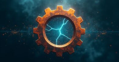 Świetlisty, pęknięty gear Rusta na tle kodu binarnego w cyberpunkowym mroku.