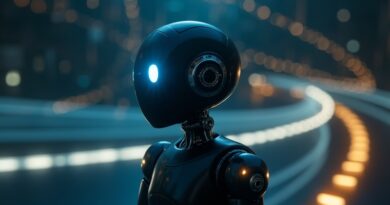 Robot z niebieskim okiem na tle granatowo-złotej sieci świetlnych ścieżek.