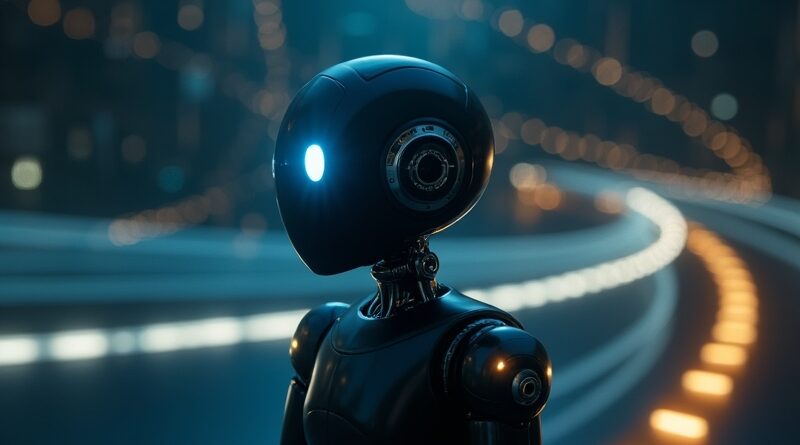 Robot z niebieskim okiem na tle granatowo-złotej sieci świetlnych ścieżek.