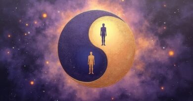 Yin-yang z sylwetkami człowieka i robota, kosmiczna pustka, fioletowe i złote gradienty, futurystyczny spokój.