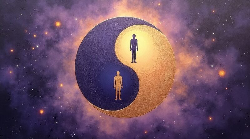 Yin-yang z sylwetkami człowieka i robota, kosmiczna pustka, fioletowe i złote gradienty, futurystyczny spokój.