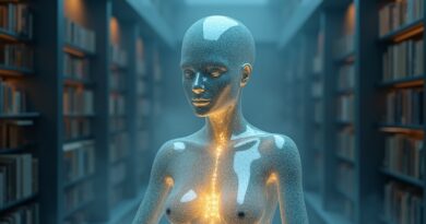 Kryształowy humanoid z obwodem w rdzeniu, twarz zasłonięta kodem binarnym, w mglistej bibliotece.
