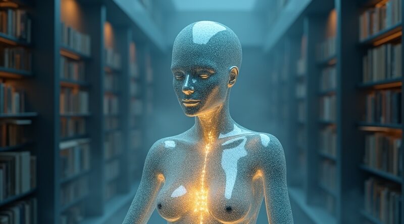 Kryształowy humanoid z obwodem w rdzeniu, twarz zasłonięta kodem binarnym, w mglistej bibliotece.