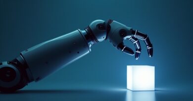 Srebrne ramię robota sięga po świecący sześcian, dynamiczna siatka.