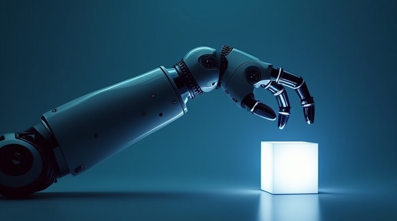 Srebrne ramię robota sięga po świecący sześcian, dynamiczna siatka.