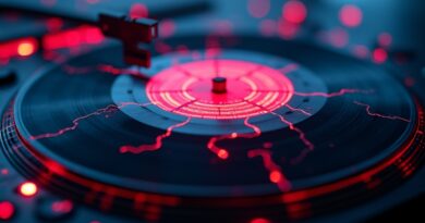Pęknięta winylowa płyta, neonowe linie danych, nuty w kod binarny, cyberpunk.