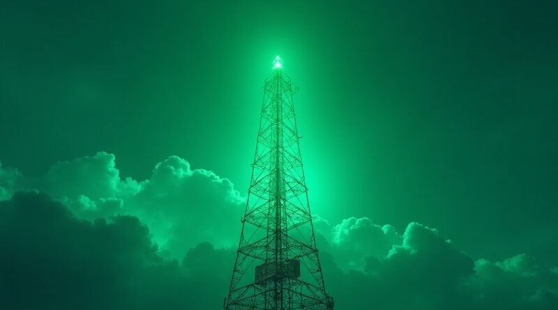 Świecąca wieża radiowa przekształca się w zielony układ GPU nad neonowym niebem.
