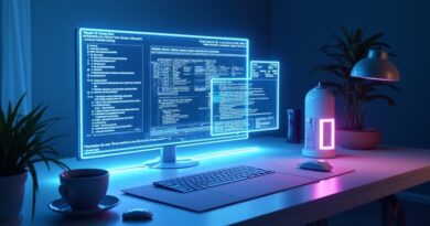 Holograficzny panel boczny z kodem i AI na minimalistycznym biurku w niebiesko-fioletowym neonie