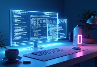 Holograficzny panel boczny z kodem i AI na minimalistycznym biurku w niebiesko-fioletowym neonie