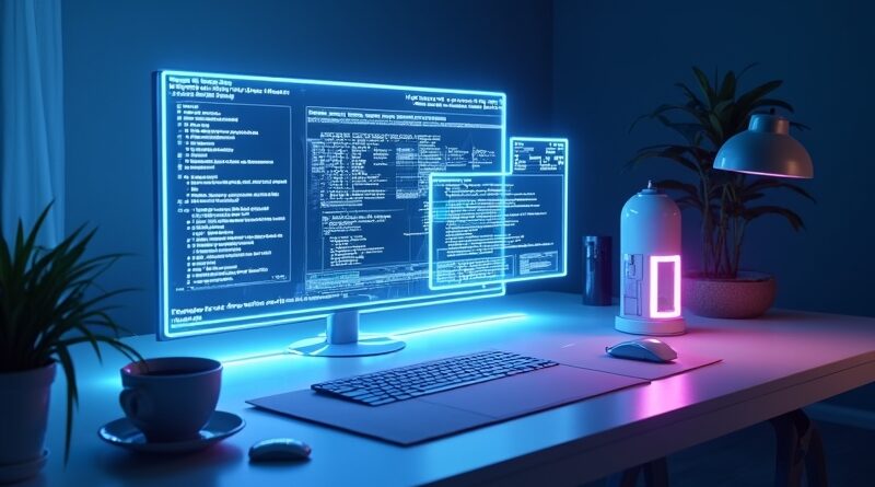 Holograficzny panel boczny z kodem i AI na minimalistycznym biurku w niebiesko-fioletowym neonie