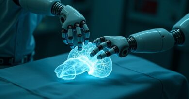 Fotorealistyczne ramię robota operujące na przezroczystym, jarzącym się na niebiesko organie w futurystycznej sali operacyjnej.
