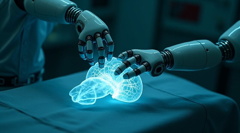 Fotorealistyczne ramię robota operujące na przezroczystym, jarzącym się na niebiesko organie w futurystycznej sali operacyjnej.