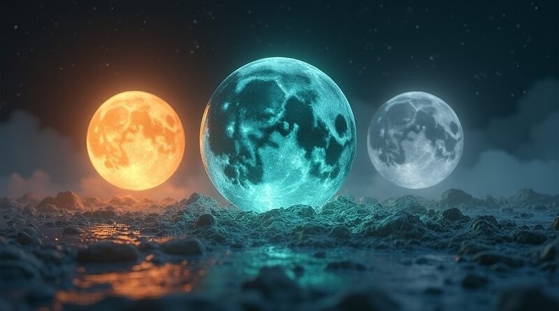 Złota Sol, niebieskozielona Terra, srebrna Luna i suwak w głębokim kosmosie