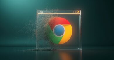 Przezroczyste okno Atlas rozpływa się w kod binarny obok logo Chrome.