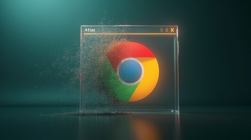 Przezroczyste okno Atlas rozpływa się w kod binarny obok logo Chrome.