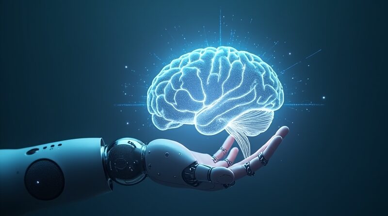 Robotyczna dłoń dotyka świecącego mózgu z danych w błękitnej tonacji.
