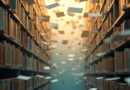 Biblioteka dokumentów, jeden przechylony w złotym świetle. Beż i błękit.