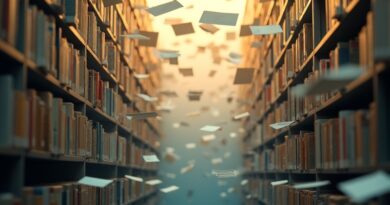 Biblioteka dokumentów, jeden przechylony w złotym świetle. Beż i błękit.