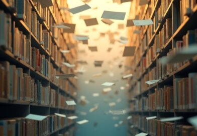 Biblioteka dokumentów, jeden przechylony w złotym świetle. Beż i błękit.