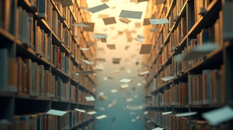 Biblioteka dokumentów, jeden przechylony w złotym świetle. Beż i błękit.