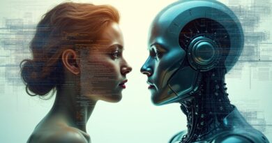Human-robot profile; data streams flowing, gates closed. Warm earth tones contrast cold metal blues.