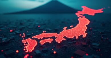 Świetlista sieć układów scalonych na mapie Japonii, kończąca się czerwonym kajdankiem, w tle Fudżi.