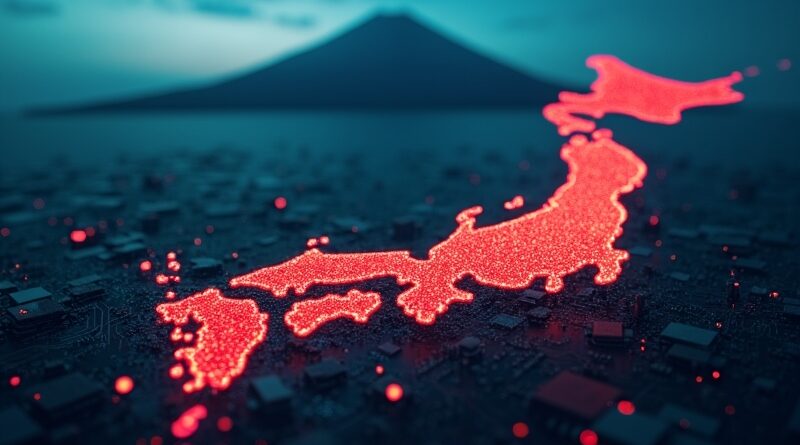 Świetlista sieć układów scalonych na mapie Japonii, kończąca się czerwonym kajdankiem, w tle Fudżi.