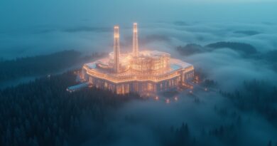 Kryształowa gigafabryka AI nad mglistym bałtyckim lasem, pulsująca błękitnym i złotym światłem