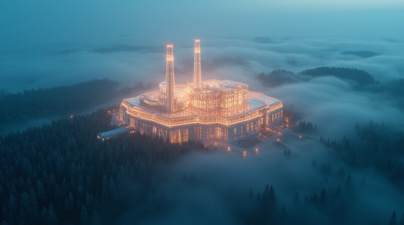 Kryształowa gigafabryka AI nad mglistym bałtyckim lasem, pulsująca błękitnym i złotym światłem