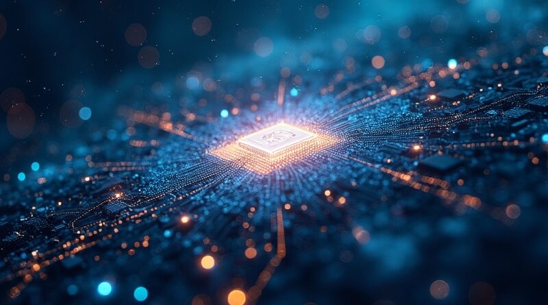 Lśniąca galaktyka mikrochipów i orbit satelitarnych, kosmiczne błękity, złote ślady obwodów.