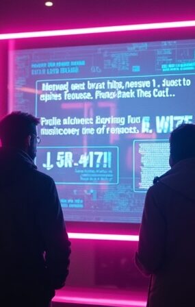 Świecący interfejs automatu do gier AI z niekończącymi się promptami, uwięziony użytkownik w neonowych barwach, cyfrowe kajdany.