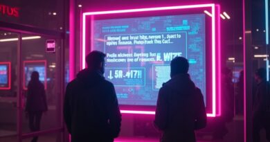 Świecący interfejs automatu do gier AI z niekończącymi się promptami, uwięziony użytkownik w neonowych barwach, cyfrowe kajdany.
