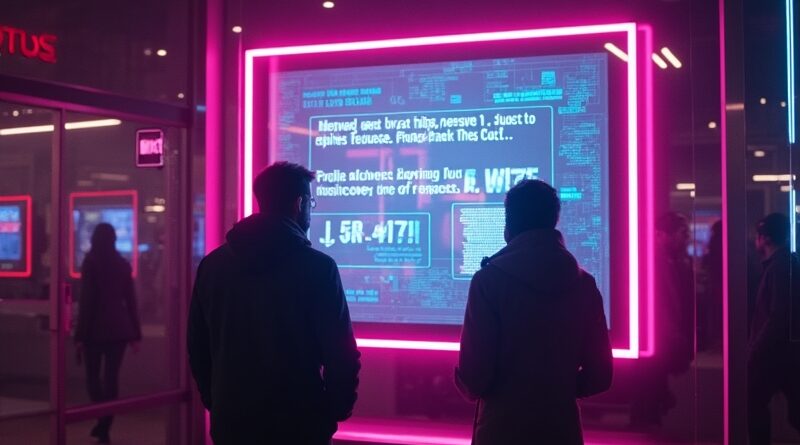 Świecący interfejs automatu do gier AI z niekończącymi się promptami, uwięziony użytkownik w neonowych barwach, cyfrowe kajdany.