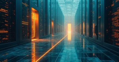 Surrealny labirynt serwerowni, złota nić wije się przez przyćmione ścieżki.