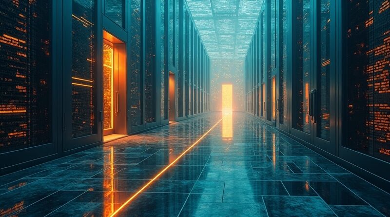 Surrealny labirynt serwerowni, złota nić wije się przez przyćmione ścieżki.
