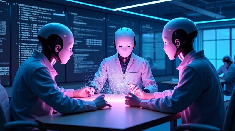 Agentów AI współpracujących wokół holograficznego kodu w neonowej przestrzeni