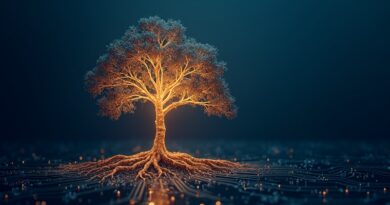 Lśniący dębowy korzeń z światła z obwodu, złote neurony liści.