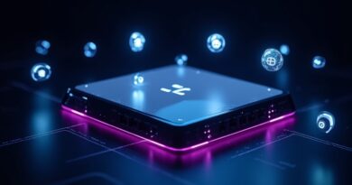 Router z niebieskofioletowym światłem, obok unoszą się półprzezroczyste ikony AI na ciemnym tle.