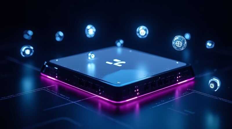 Router z niebieskofioletowym światłem, obok unoszą się półprzezroczyste ikony AI na ciemnym tle.