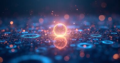 Cyfrowa przestrzeń robocza z unoszącym się kodem i świecącą sferą AI w fioletowo-złotych barwach.