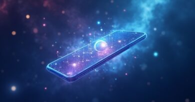 Przezroczysty smartfon w kosmicznej mgławicy, interfejs sieci neuronowej w błękitach i fioletach.